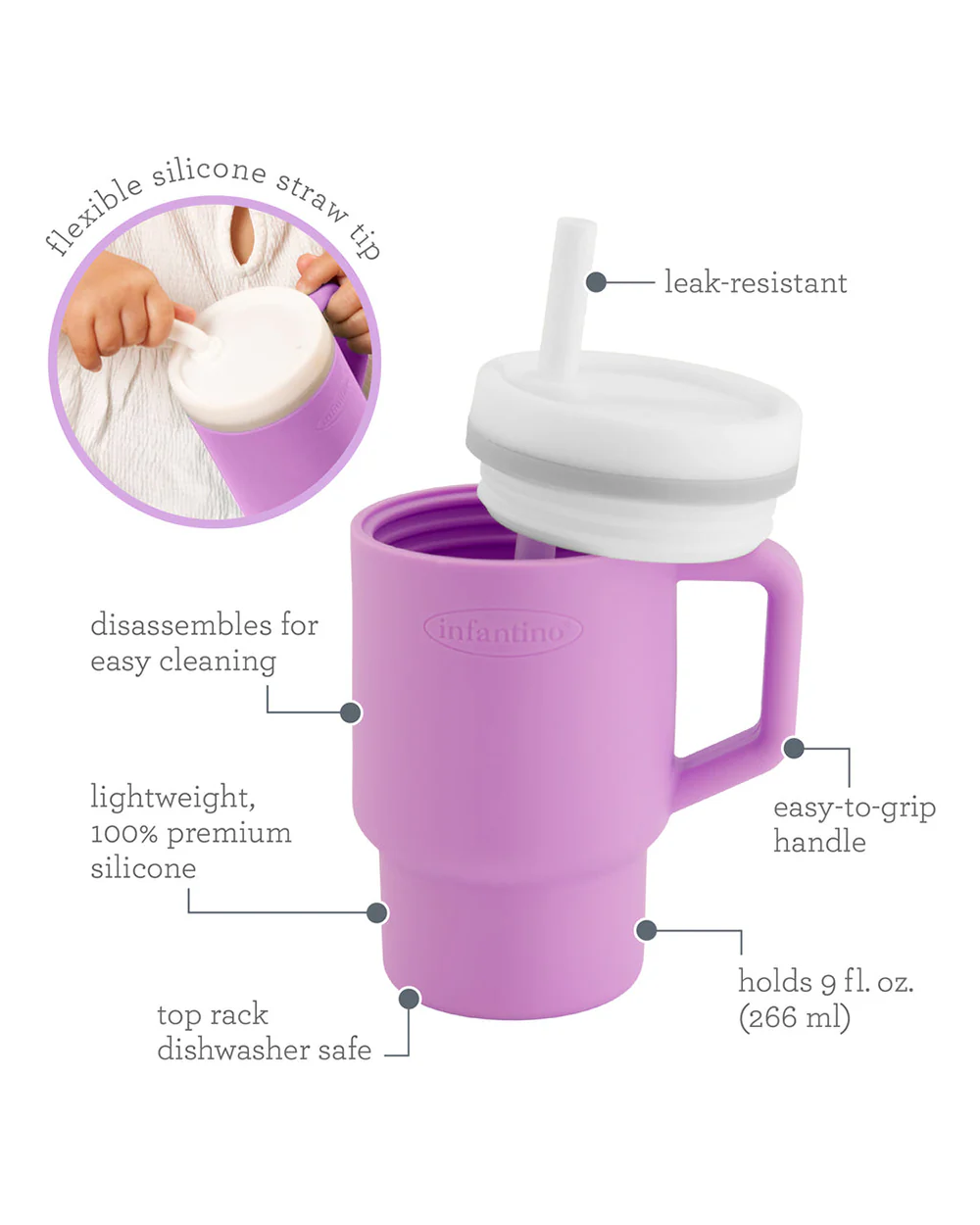 Infantino My 1st Tumbler-Leak Resistant Straw-Easy to Clean-Lightweight-Easy to Hold-Silicone Tumbler-Lilac-6M to 48M - Image 2