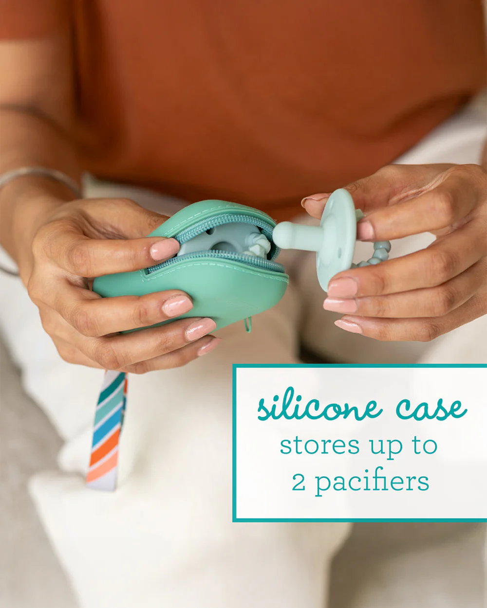 Infantino Pacifier Holder Pod-With Secure Zip Closure-Holds Upto 2 Pacifiers-Easily Attaches to Strollers or Diaper Bags-Silicone Material-Sea Green - Image 5