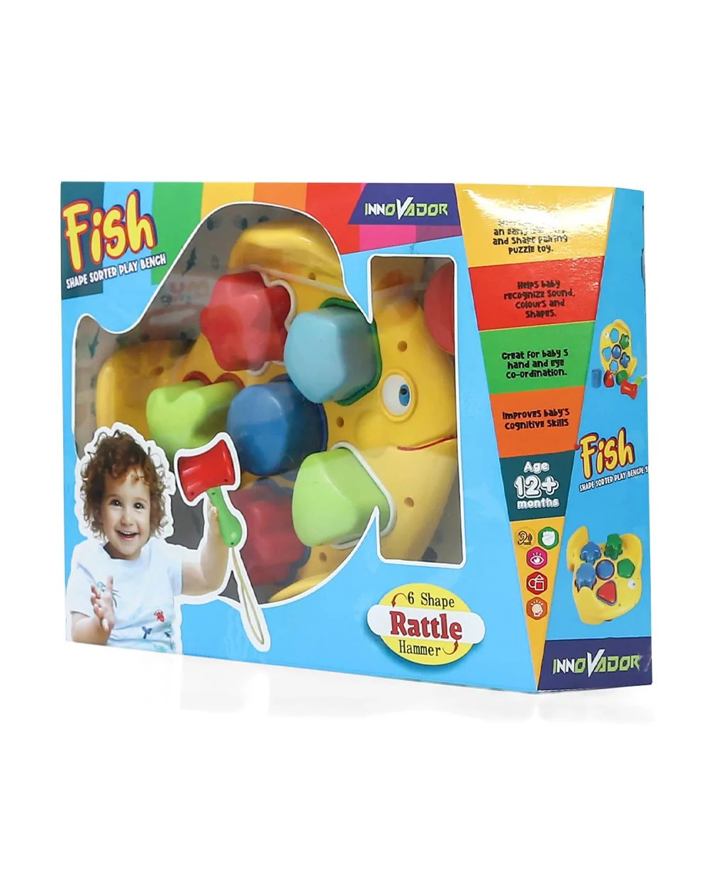 Innovador Fish Themed Shape Sorter With Rattle Hammer-Enhances Fine Motor Skills-12M+ - Image 8