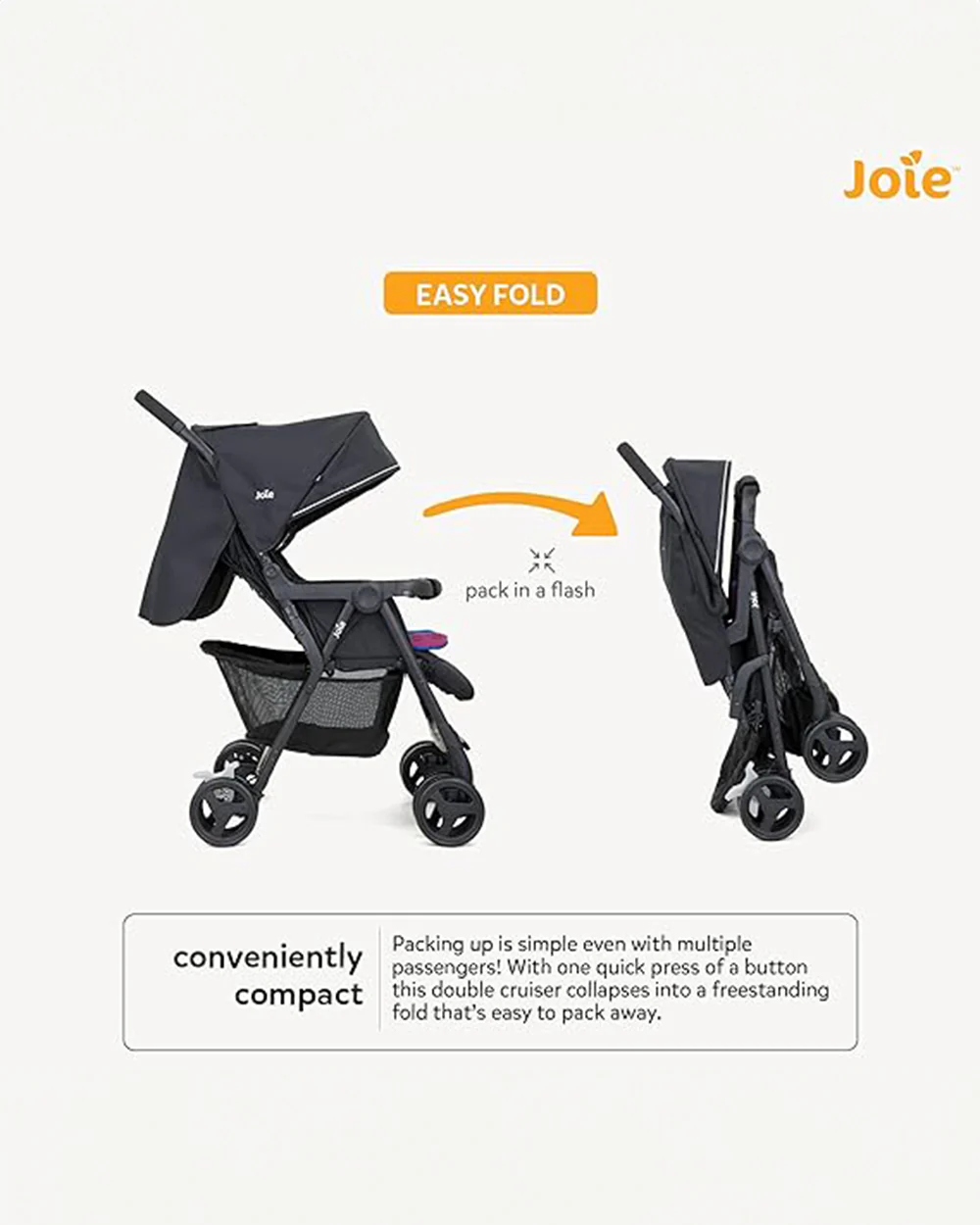 Joie Aire Twin Baby Stroller-Reversible Seat Liners-Automatic Fold Lock-Pram for 0 to 3Y (Upto 15 Kg Each Seat)-Dark Pewter - Image 11