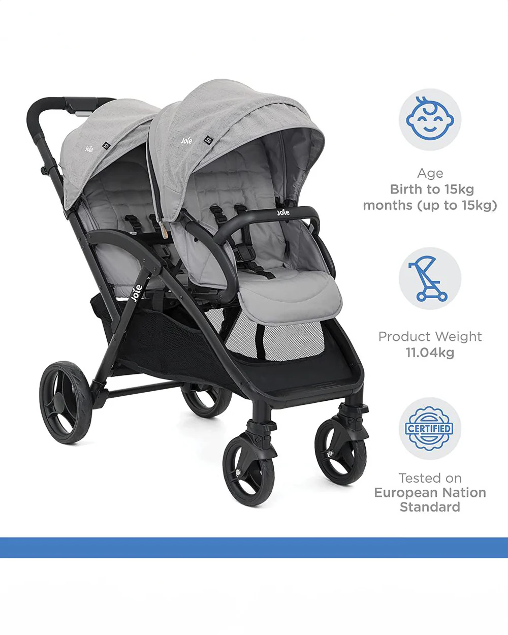 Joie Evalite Duo Twin Stroller-Multiple Recline Positions-Adjustable Leg Rest-Pram For 0 to 3Y (Upto 15 Kg)-Grey Flannel - Image 12