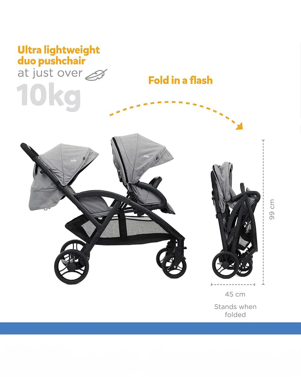 Joie Evalite Duo Twin Stroller-Multiple Recline Positions-Adjustable Leg Rest-Pram For 0 to 3Y (Upto 15 Kg)-Grey Flannel - Image 13