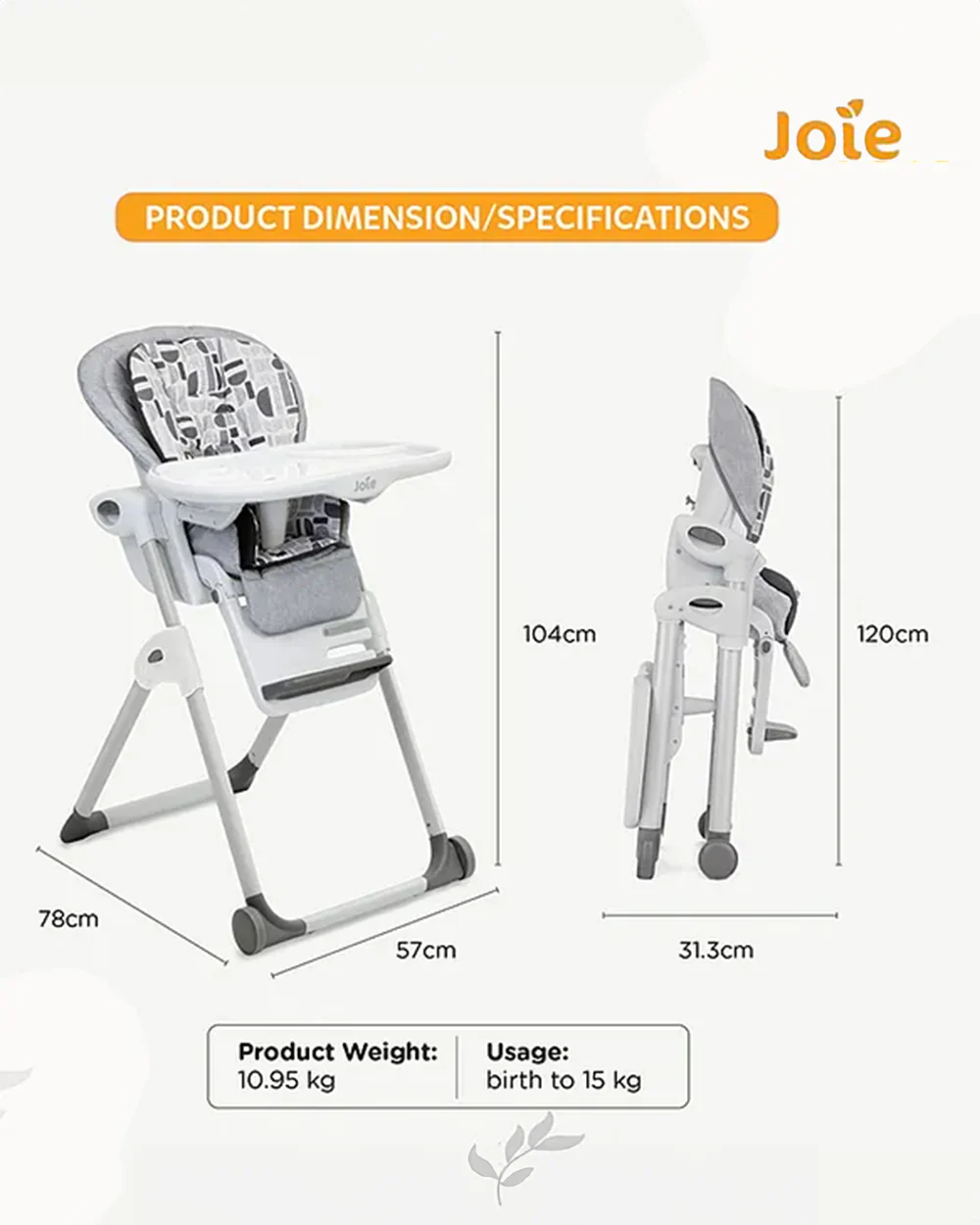 Joie Mimzy Recline High Chair-5 Position Recline-7 Height Positions-Upto 15 Kg-Logan - Image 11