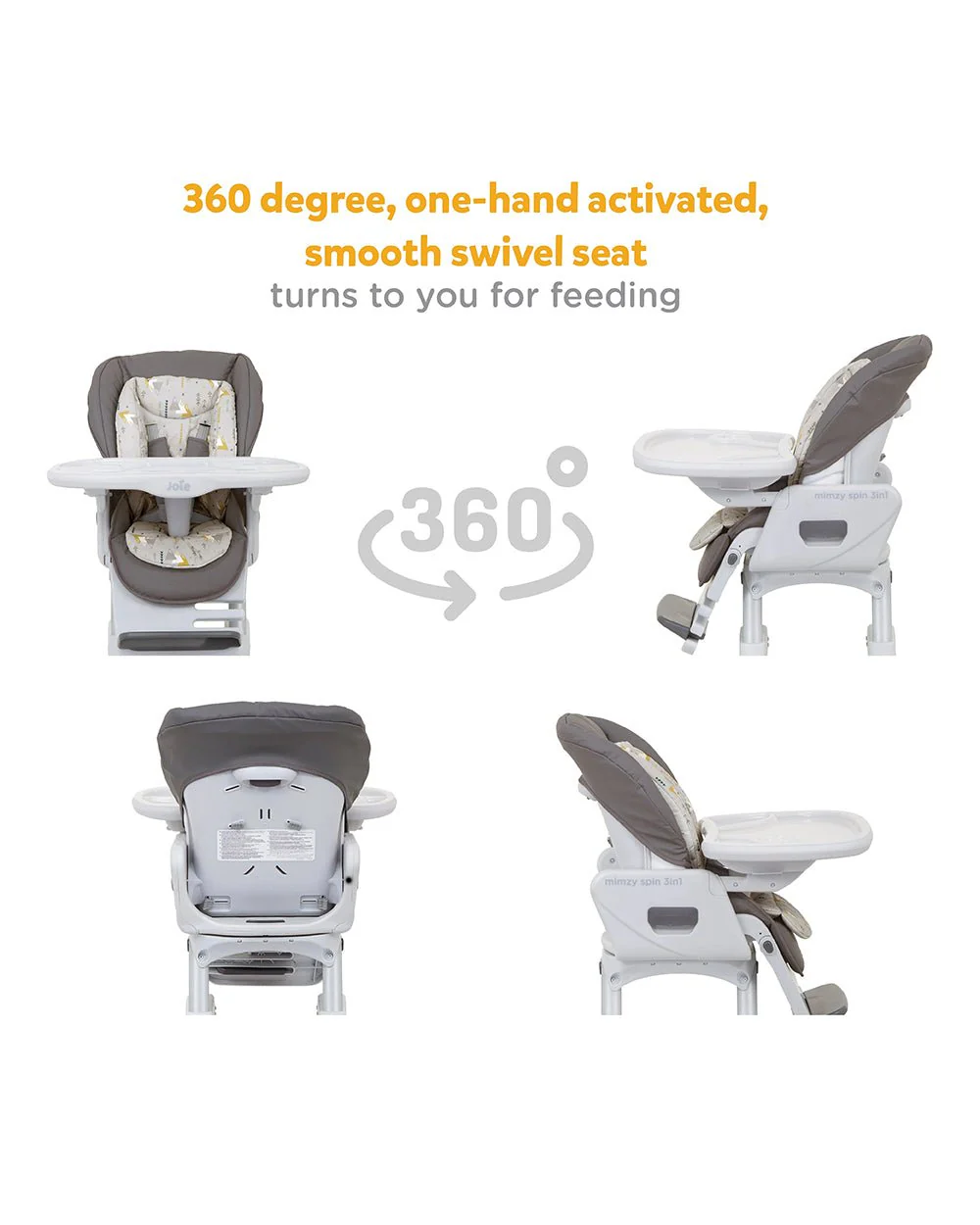 Joie Mimzy Spin 3 in 1 Baby High Chair-360 Degree Spinning-Adjustable Height & Recline-0M+ (Upto 15 Kg)-Geometric Mountains - Image 12