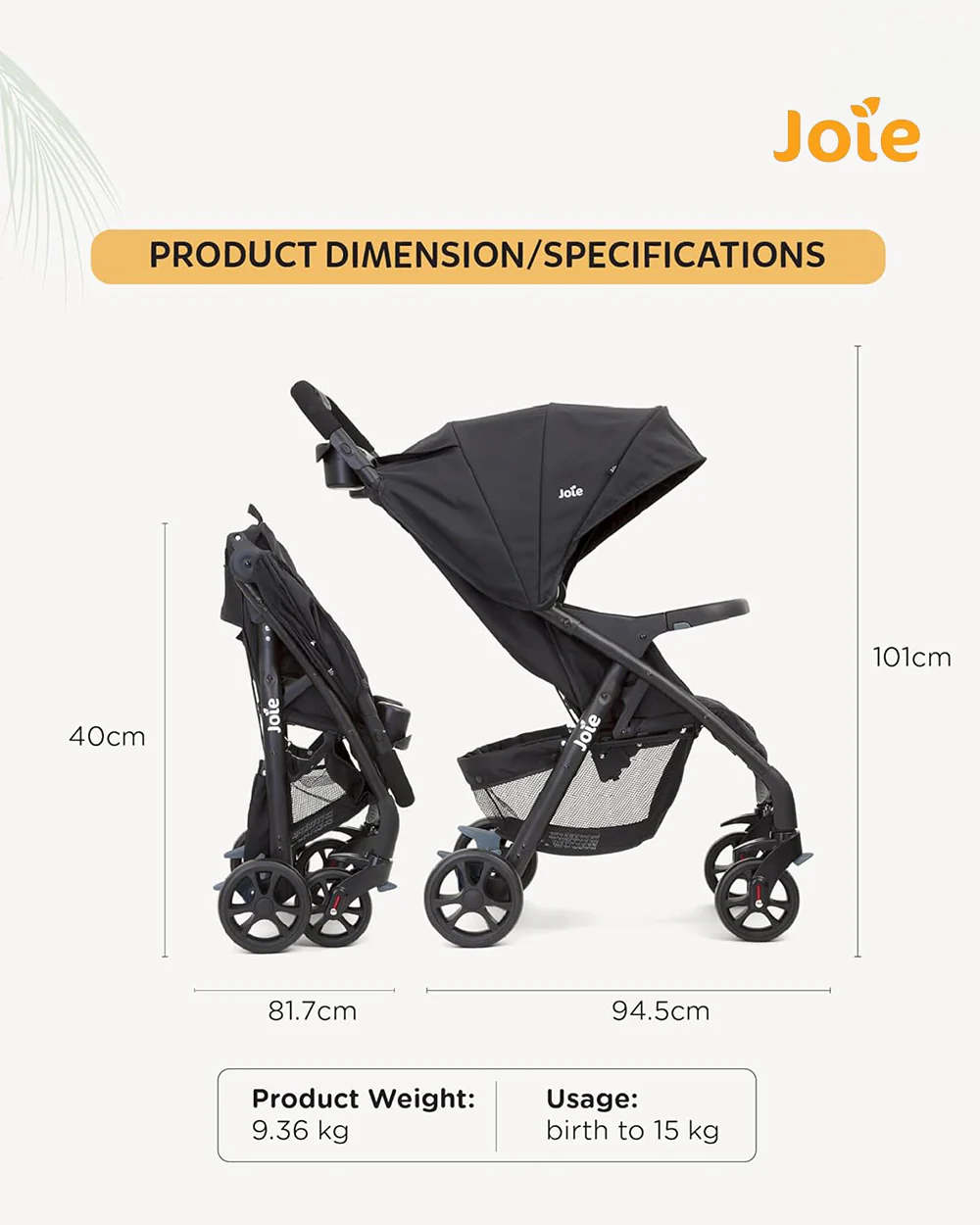 Joie Muze LX Baby Stroller-One Hand Fold-Flat Reclining-For 0 to 3Y (Upto 15Kg)-Coal - Image 12