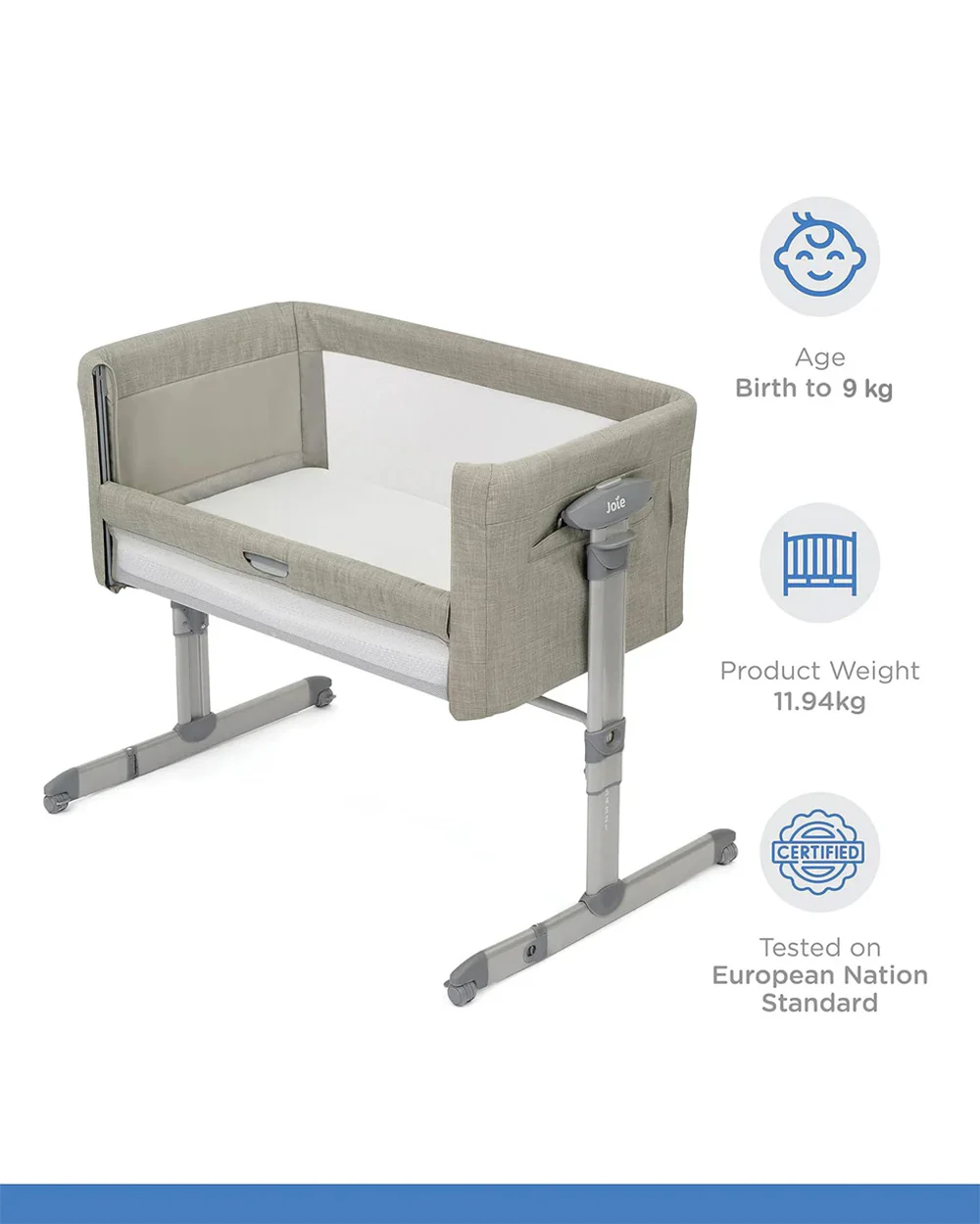 Joie Roomie Glide Bedside Crib-Single Hand Glide-With Removable Mattress & 4 Lockable Wheels-11 Height Adjustments-Dual Mesh Windows-For 0 to 6M (Upto 9 kg)-Almond - Image 3