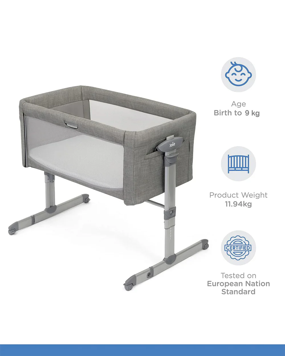 Joie Roomie Glide Bedside Crib-Single Hand Glide-With Removable Mattress & 4 Lockable Wheels-11 Height Adjustments-Dual Mesh Windows-For 0 to 6M (Upto 9 kg)-Foggy Grey - Image 4