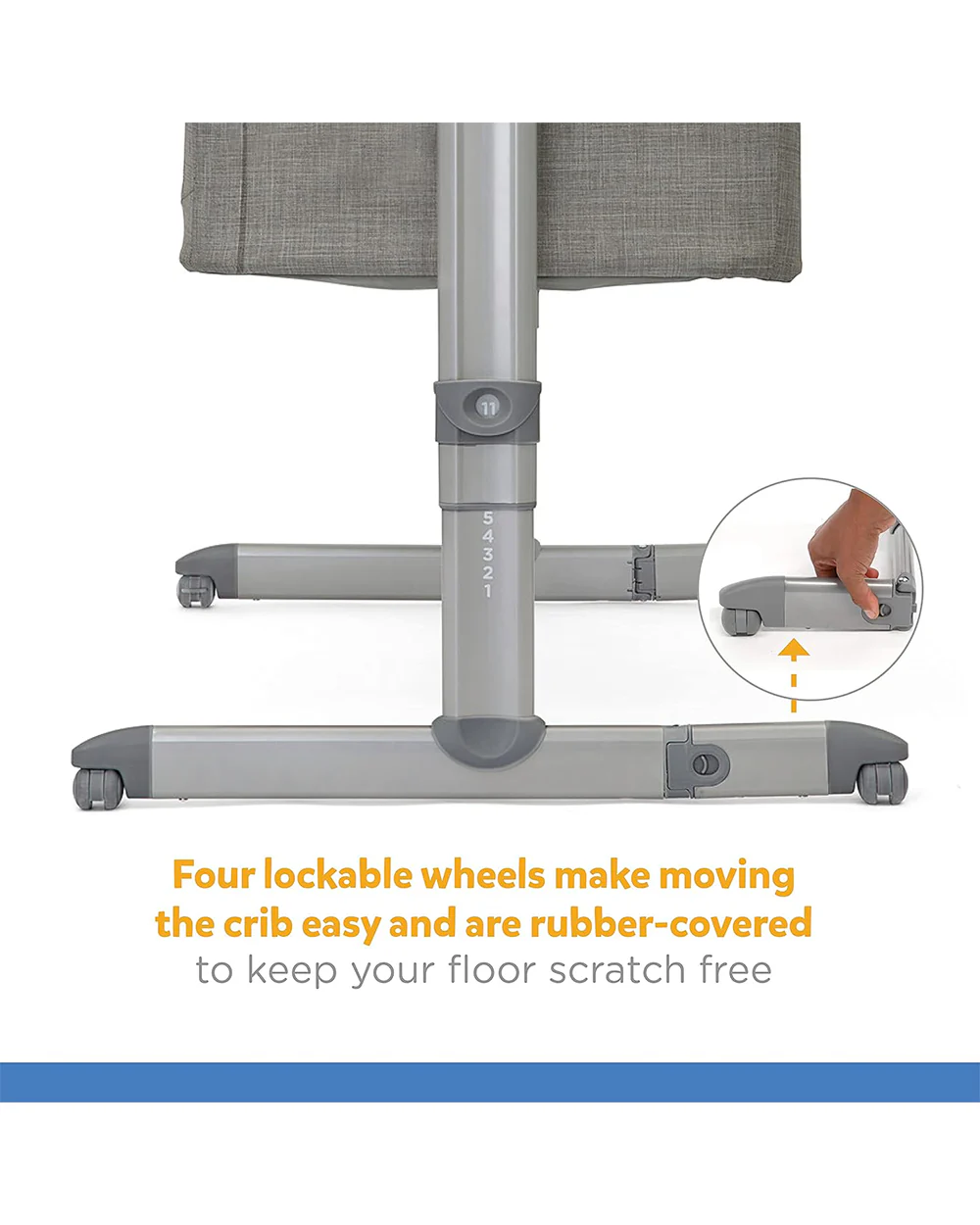Joie Roomie Glide Bedside Crib-Single Hand Glide-With Removable Mattress & 4 Lockable Wheels-11 Height Adjustments-Dual Mesh Windows-For 0 to 6M (Upto 9 kg)-Foggy Grey - Image 9