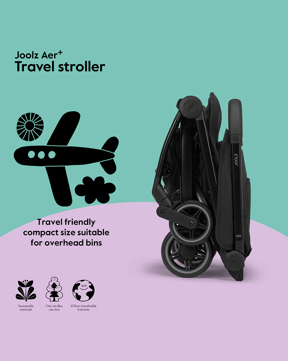 Joolz Aer+ Cabin Friendly Stroller-All Wheel Suspension-One Hand Fold-Flat Reclining Seat-Travel System Compatible-Includes Travel Bag-10 Years Transferable Warranty-For 0 to 4Y (Upto 22Kg)-Space Black - Image 7