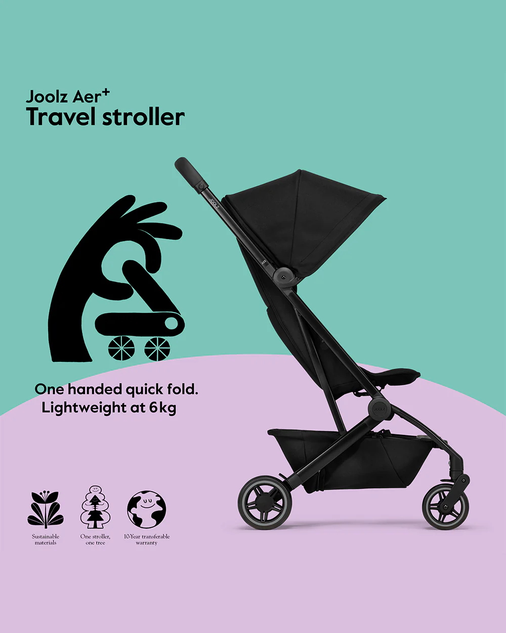 Joolz Aer+ Cabin Friendly Stroller-All Wheel Suspension-One Hand Fold-Flat Reclining Seat-Travel System Compatible-Includes Travel Bag-10 Years Transferable Warranty-For 0 to 4Y (Upto 22Kg)-Space Black - Image 8