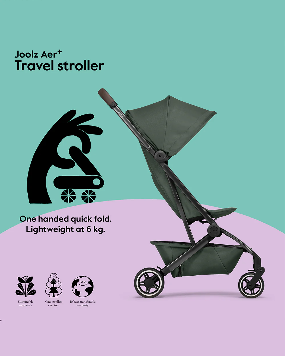 Joolz Aer+ Cabin Friendly Stroller-All Wheel Suspension-One Hand Fold-Flat Reclining Seat-Travel System Compatible-Includes Travel Bag-10 Years Transferable Warranty-For 0 to 4Y (Upto 22Kg)-Forest Green - Image 8