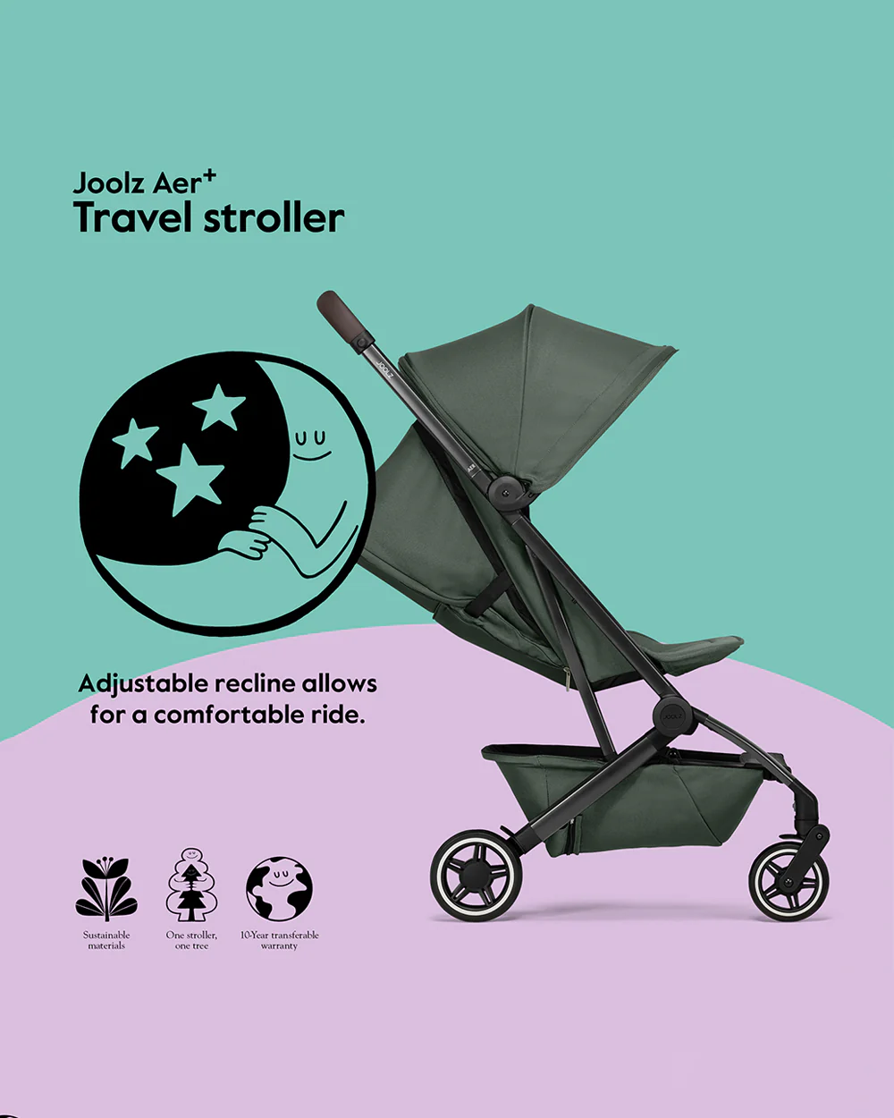 Joolz Aer+ Cabin Friendly Stroller-All Wheel Suspension-One Hand Fold-Flat Reclining Seat-Travel System Compatible-Includes Travel Bag-10 Years Transferable Warranty-For 0 to 4Y (Upto 22Kg)-Forest Green - Image 9