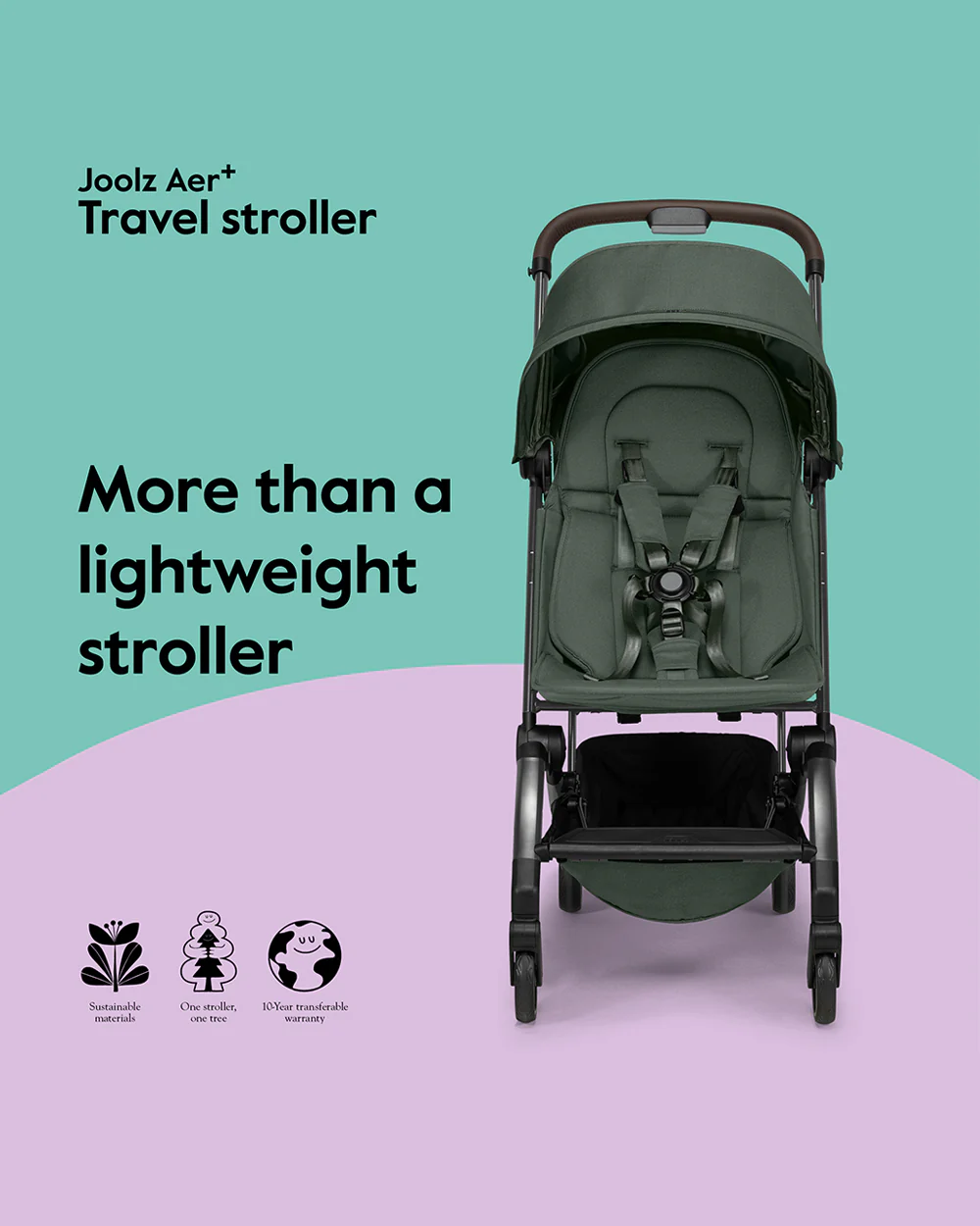 Joolz Aer+ Cabin Friendly Stroller-All Wheel Suspension-One Hand Fold-Flat Reclining Seat-Travel System Compatible-Includes Travel Bag-10 Years Transferable Warranty-For 0 to 4Y (Upto 22Kg)-Forest Green - Image 11