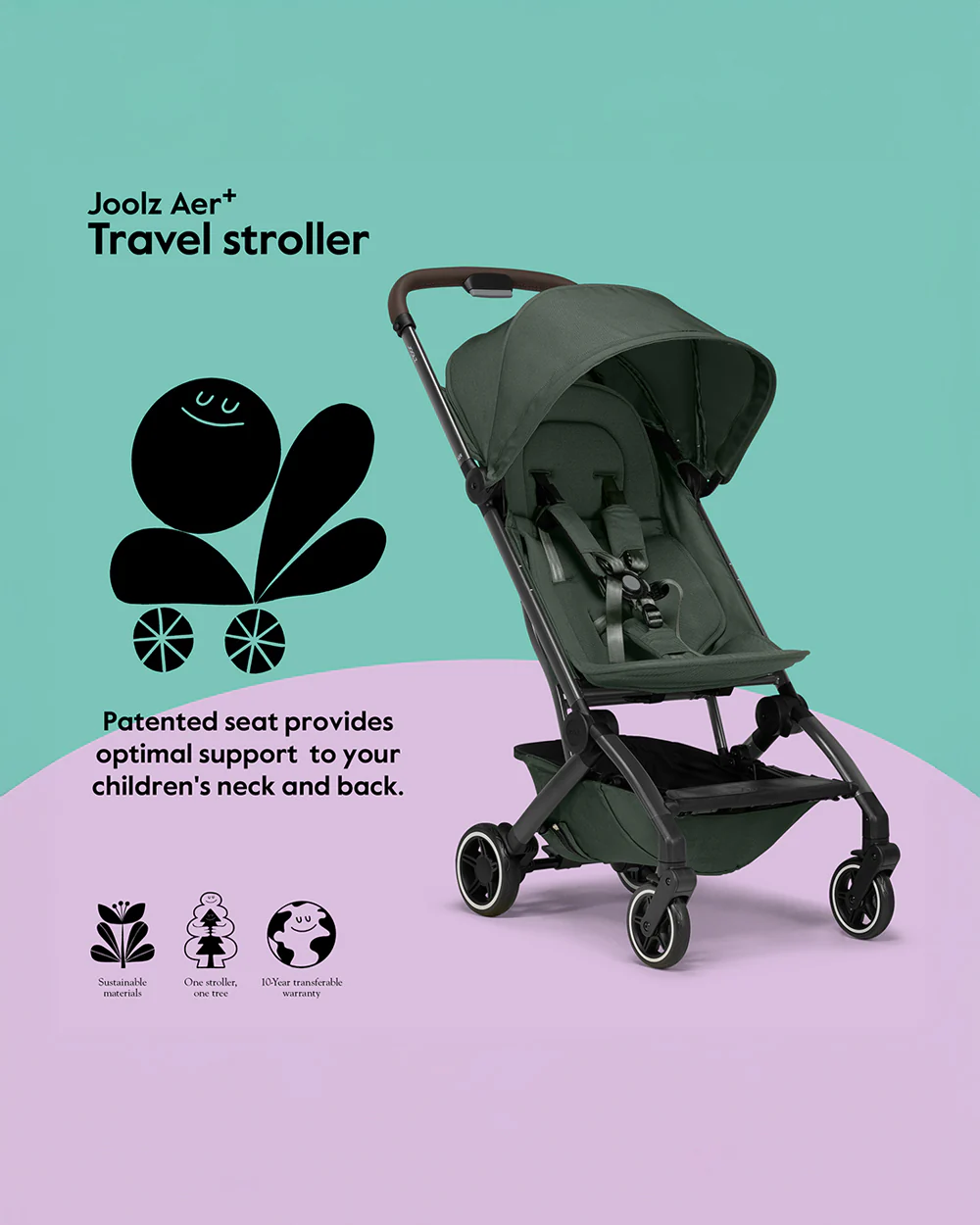 Joolz Aer+ Cabin Friendly Stroller-All Wheel Suspension-One Hand Fold-Flat Reclining Seat-Travel System Compatible-Includes Travel Bag-10 Years Transferable Warranty-For 0 to 4Y (Upto 22Kg)-Forest Green - Image 10