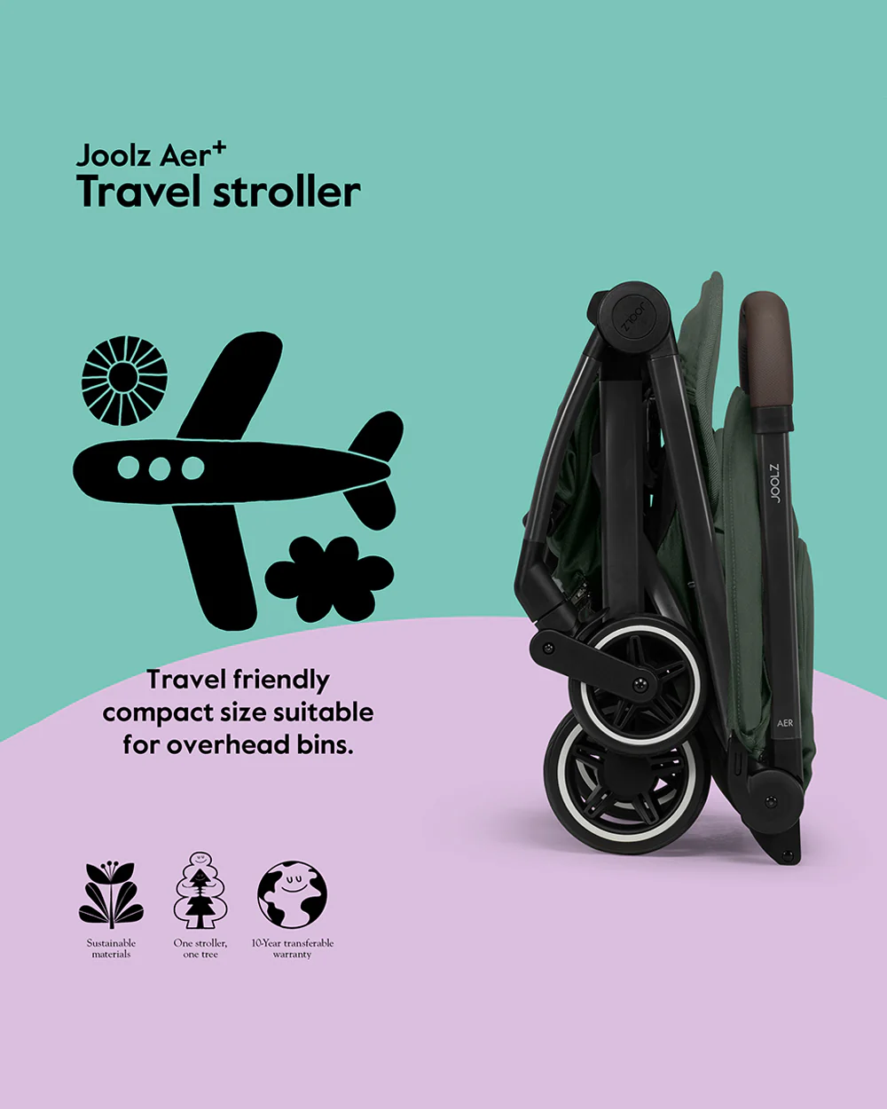 Joolz Aer+ Cabin Friendly Stroller-All Wheel Suspension-One Hand Fold-Flat Reclining Seat-Travel System Compatible-Includes Travel Bag-10 Years Transferable Warranty-For 0 to 4Y (Upto 22Kg)-Forest Green - Image 7