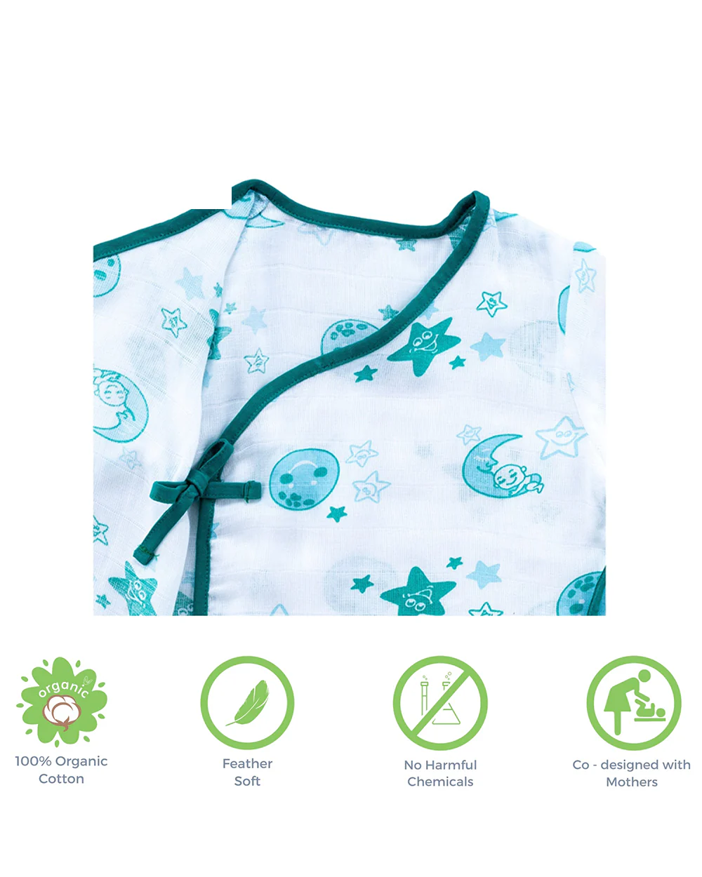 Kaarpas Blue Full Sleeves Kimono Jhabla Set with Shorts-Moon and Stars-Organic Cotton-For Infants - Image 3