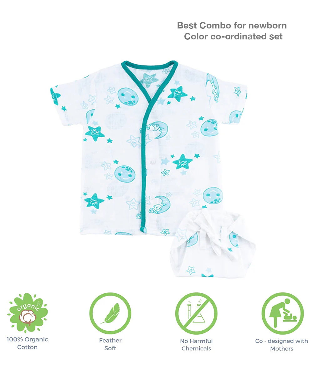 Kaarpas Blue Half Sleeves Kimono Jhabla Set with Nappy-Moon and Stars-Organic Cotton-For Infants