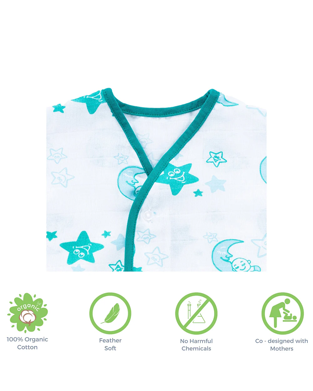 Kaarpas Blue Half Sleeves Kimono Jhabla Set with Nappy-Moon and Stars-Organic Cotton-For Infants - Image 3