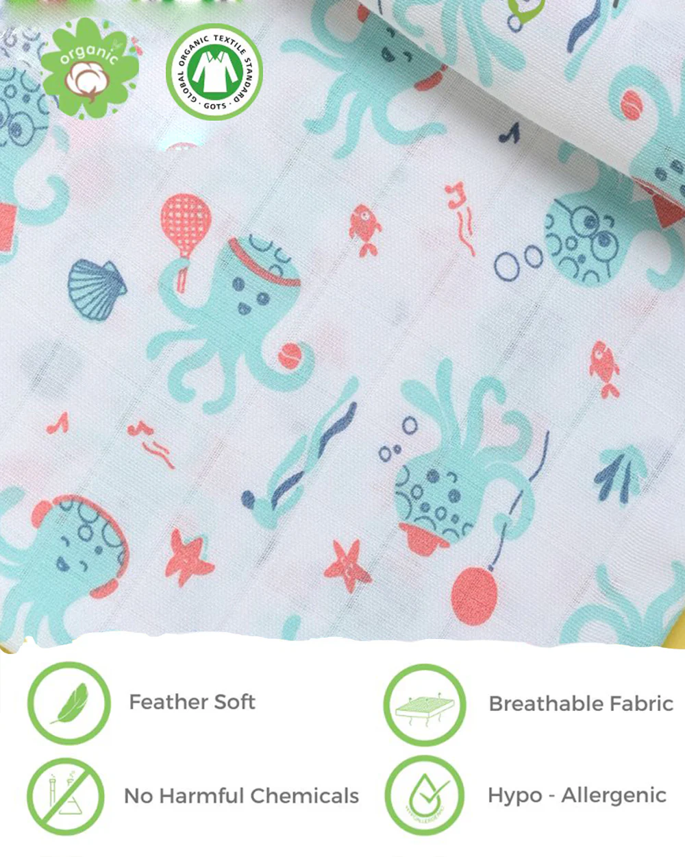 Kaarpas Ocean Dive Octopus Swaddle-Organic Cotton Muslin-Infant Wraps - Image 2