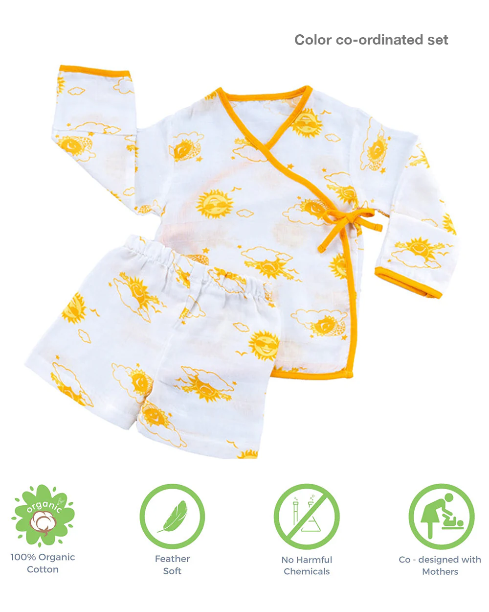 Kaarpas Yellow Full Sleeves Kimono Jhabla Set with Shorts-Sun-Organic Cotton-For Infants