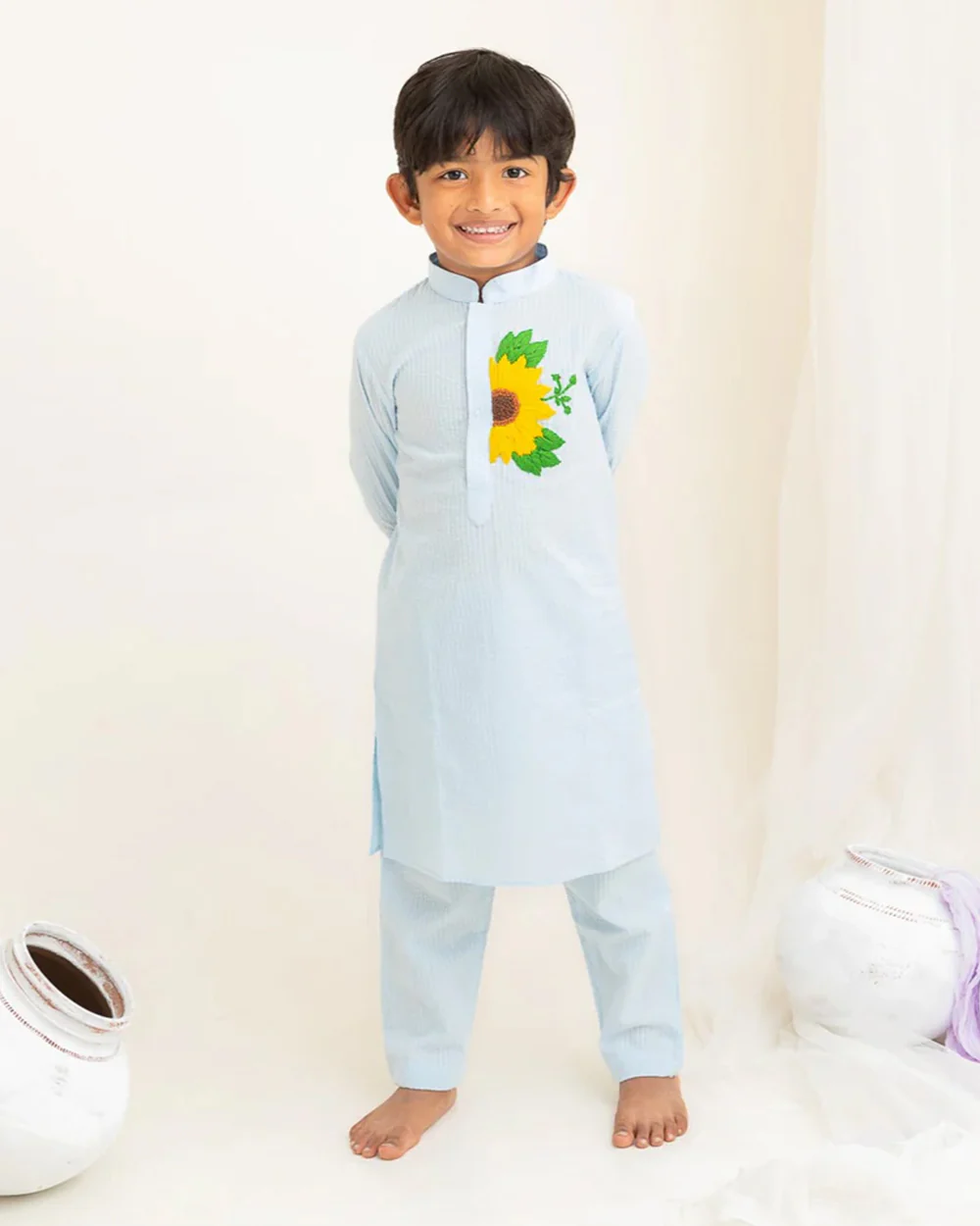 Keebee Blue Kurta Pajama Set-Sunflower Embroidered-Organic Cotton-For Infants - Image 2