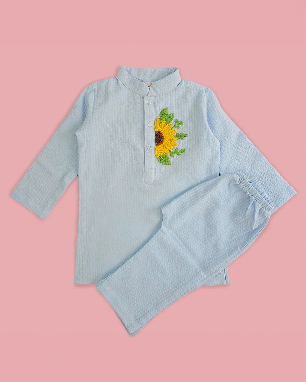 Keebee Blue Kurta Pajama Set-Sunflower Embroidered-Organic Cotton-For Infants - Image 3