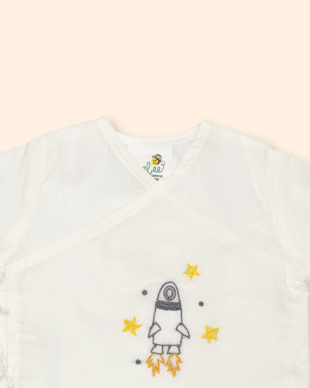 Keebee White Kimono Jhabla-Rocket Embroidered-Organic Cotton-For Infants - Image 2