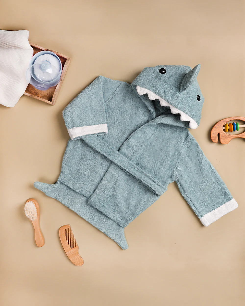 Kicks & Crawl Baby Hooded Bathrobe-100% Terry Cotton-Shark Doo Doo - Image 4