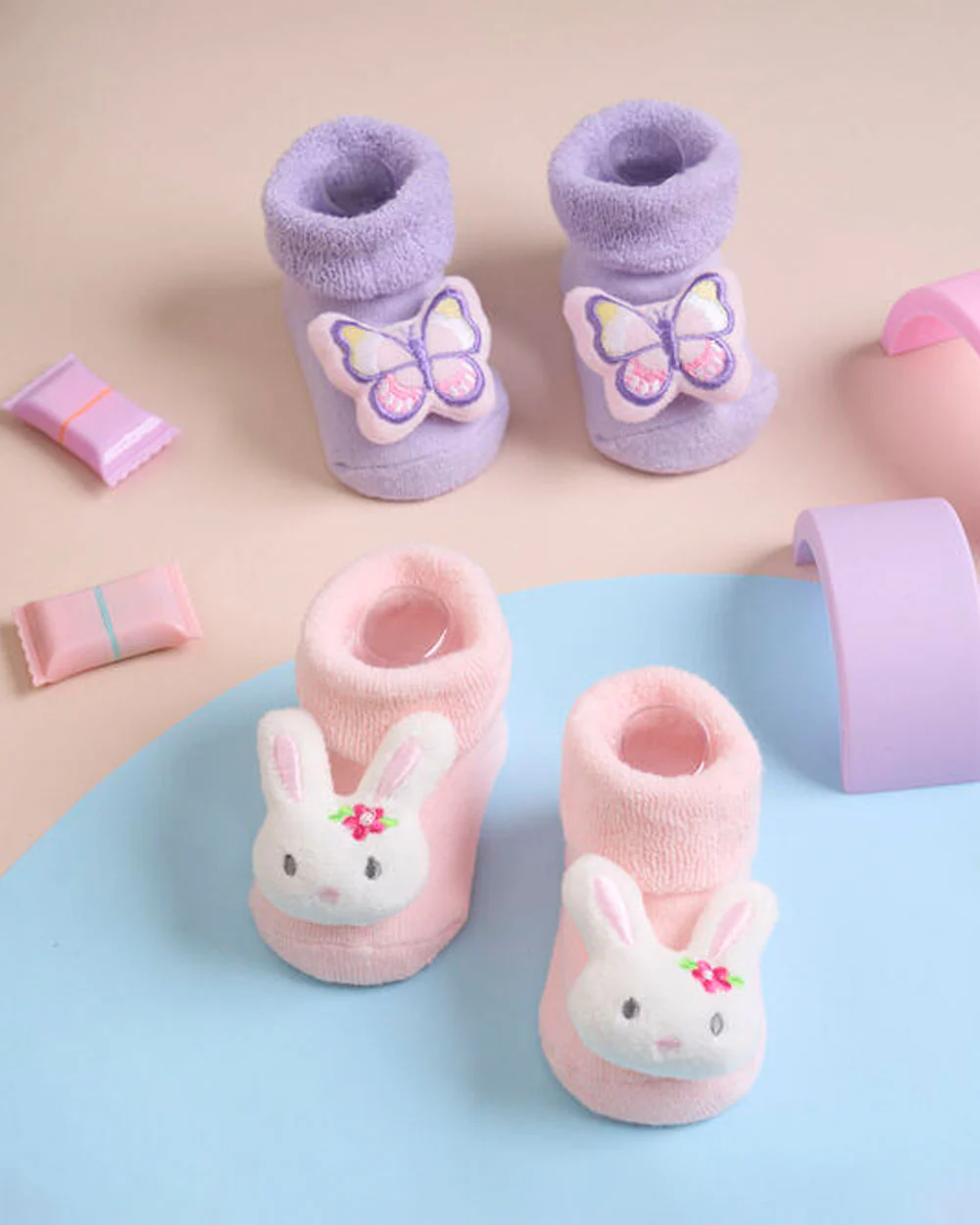 Kicks & Crawl Lilac & Peach Socks-Happy Flutters-Cotton & Polyester-Pack of 2-For Infants