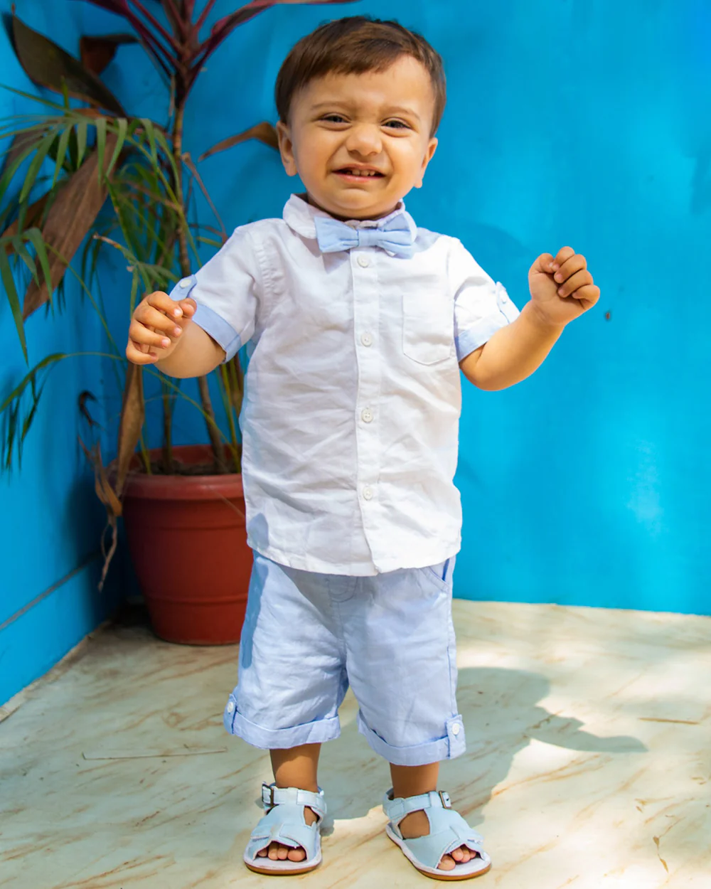 Kicks & Crawl Blue & White Shirt & Shorts-Solid-Cotton-For Infants - Image 6
