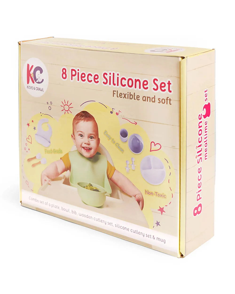 Kicks & Crawl Cream MunchMate Silicone Meal Set-8 Pieces-Suction Base & Divided Sections-Beige - Image 8