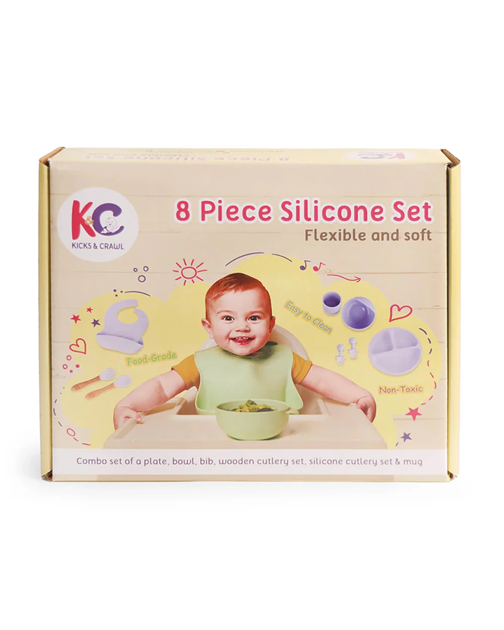 Kicks & Crawl Cream MunchMate Silicone Meal Set-8 Pieces-Suction Base & Divided Sections-Beige - Image 9