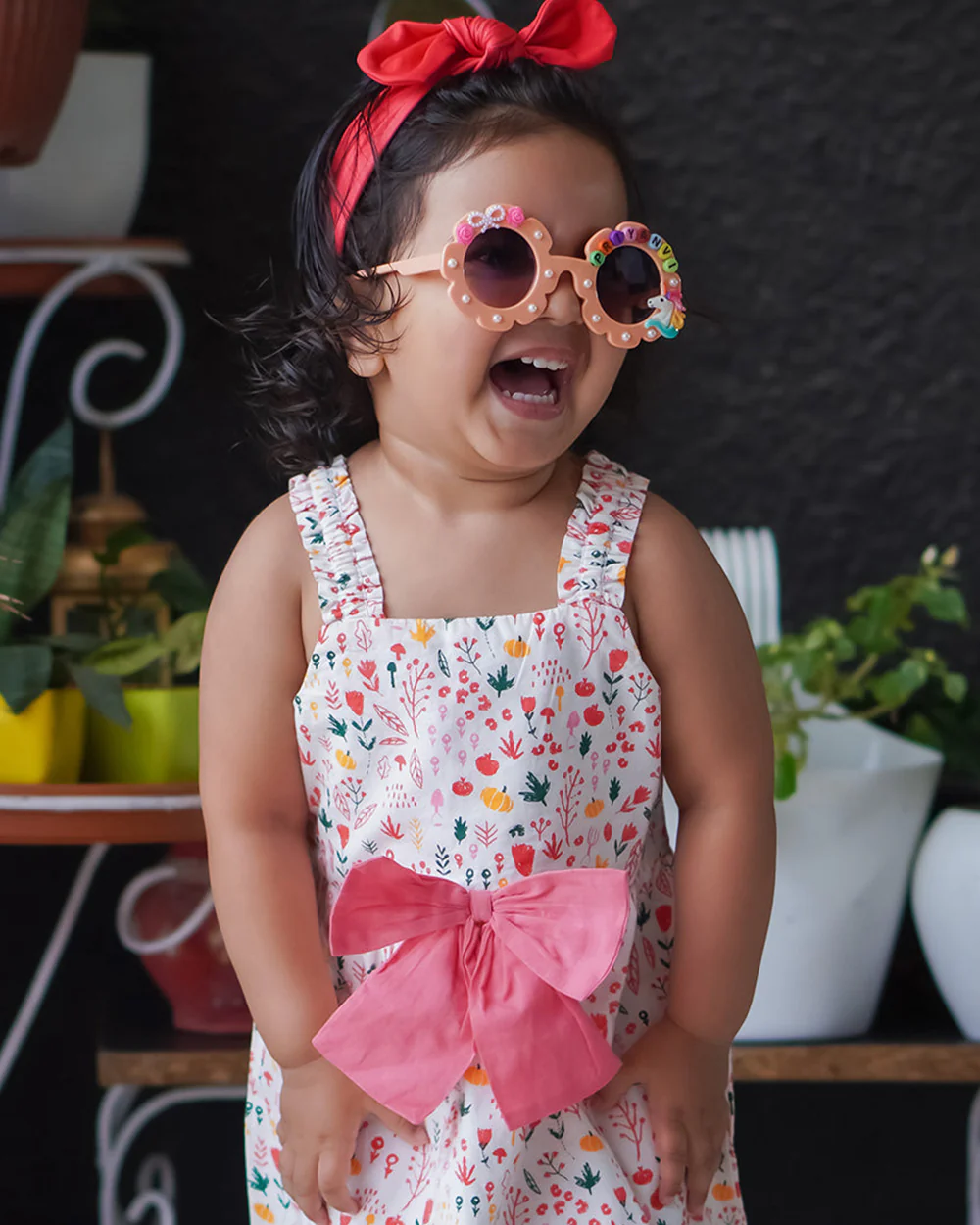 Kicks & Crawl Pink Frock Dress-Bow & Flowers-Cotton-For Infants - Image 4