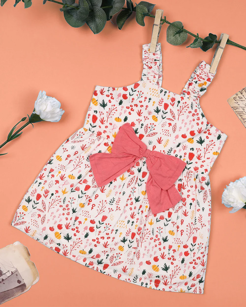 Kicks & Crawl Pink Frock Dress-Bow & Flowers-Cotton-For Infants - Image 5