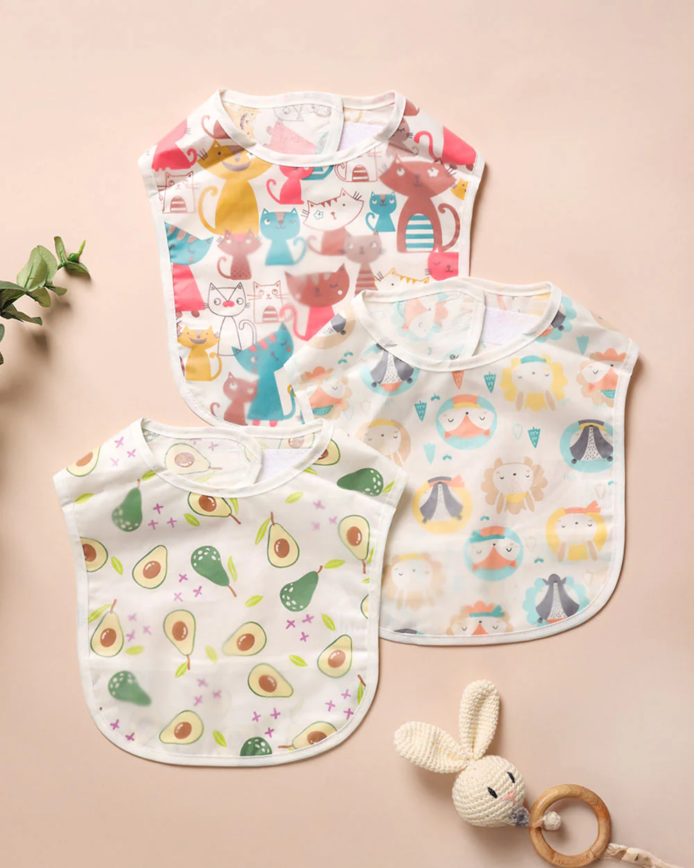 Kicks & Crawl Splash Splash Baby Reusable Plastic Bib-Pack of 3 -Velcro Closure with Food Catching Pouch -For Infants