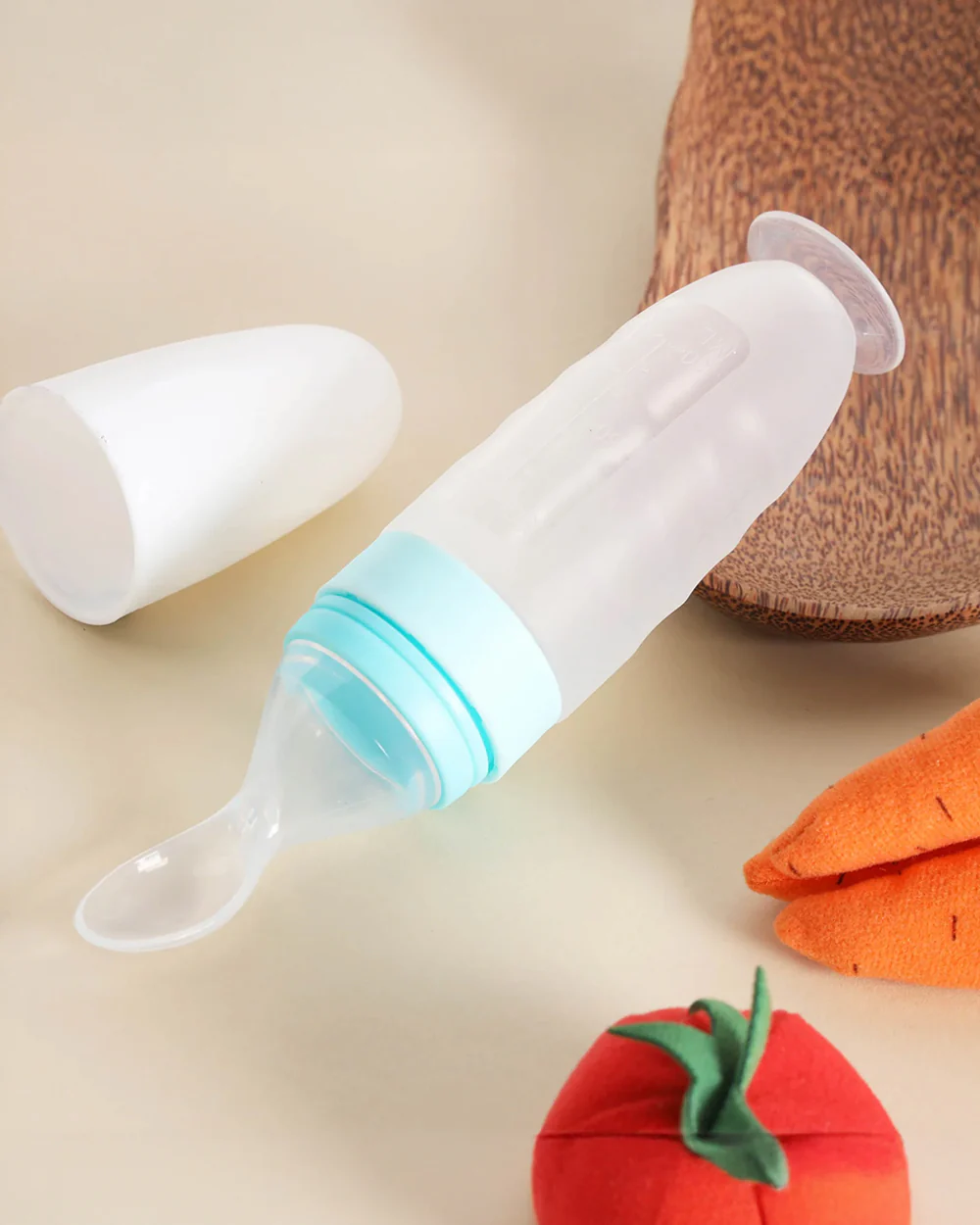 Kicks & Crawl Baby Squeeze Bottle Feeder-BPA Free-100% Food-Grade Silicone-0 to 100 ml-With Spoon Feeder Tip-Blue - Image 2