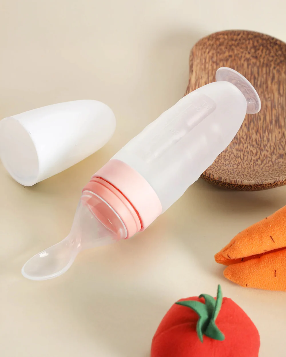 Kicks & Crawl Baby Squeeze Bottle Feeder-BPA Free-100% Food-Grade Silicone-0–100 ml-With Spoon Feeder Tip-Peach - Image 3