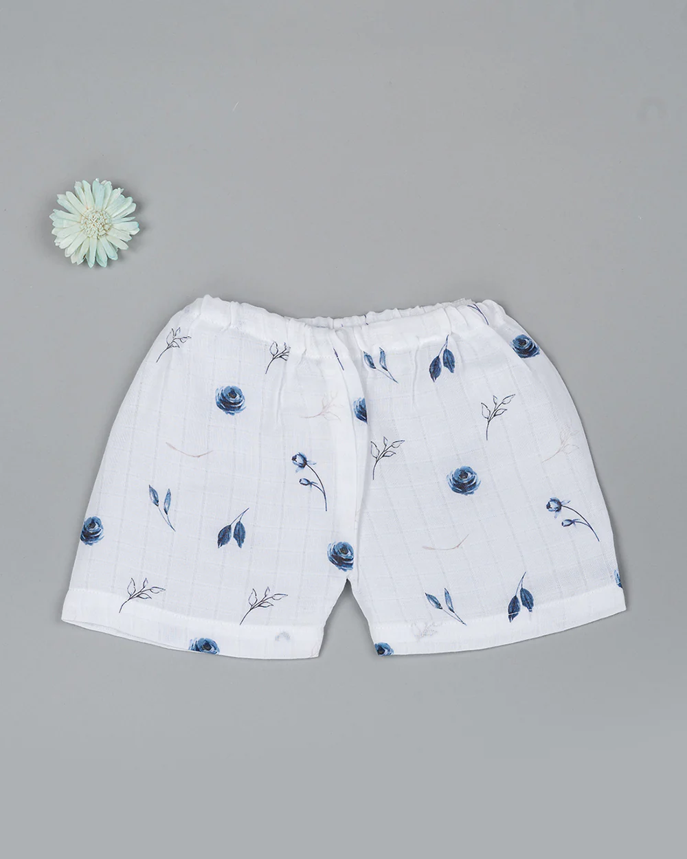 Kiddie Bunch White Shorts-Full Print-Blue Rose-Muslin-For Infants