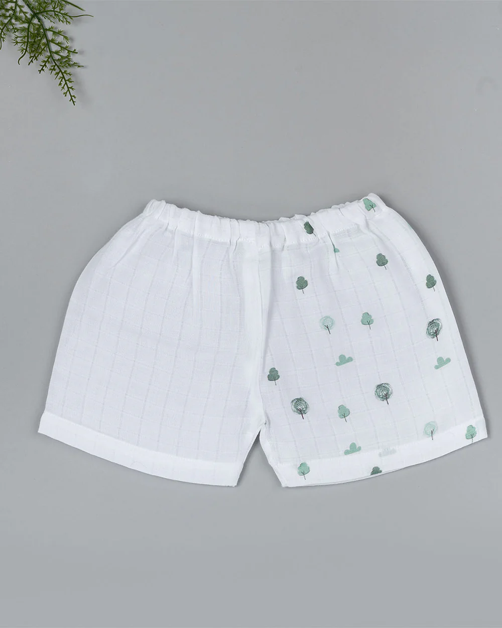 Kiddie Bunch White Shorts-Half Print-Green Grove-Muslin-For Infants