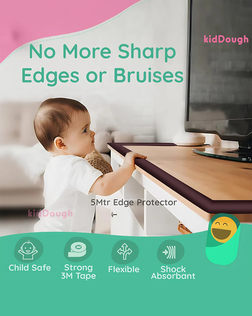 KidDough Edge Guard Strip-Cushioned Protectors-Child Proofing-For Sharp Edges of Furniture & Corners-Brown - Image 3