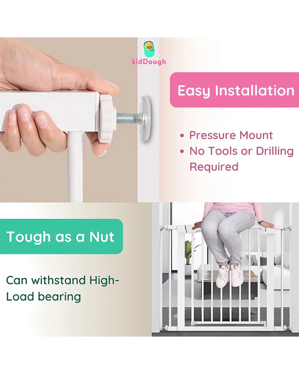 KidDough Safety Gate-With Automatic Closing & Double lock Mechanism-Ideal For Stairways & Doorways-Tool Free Installation-89-96cms Wide Coverage-For Babies - Image 5