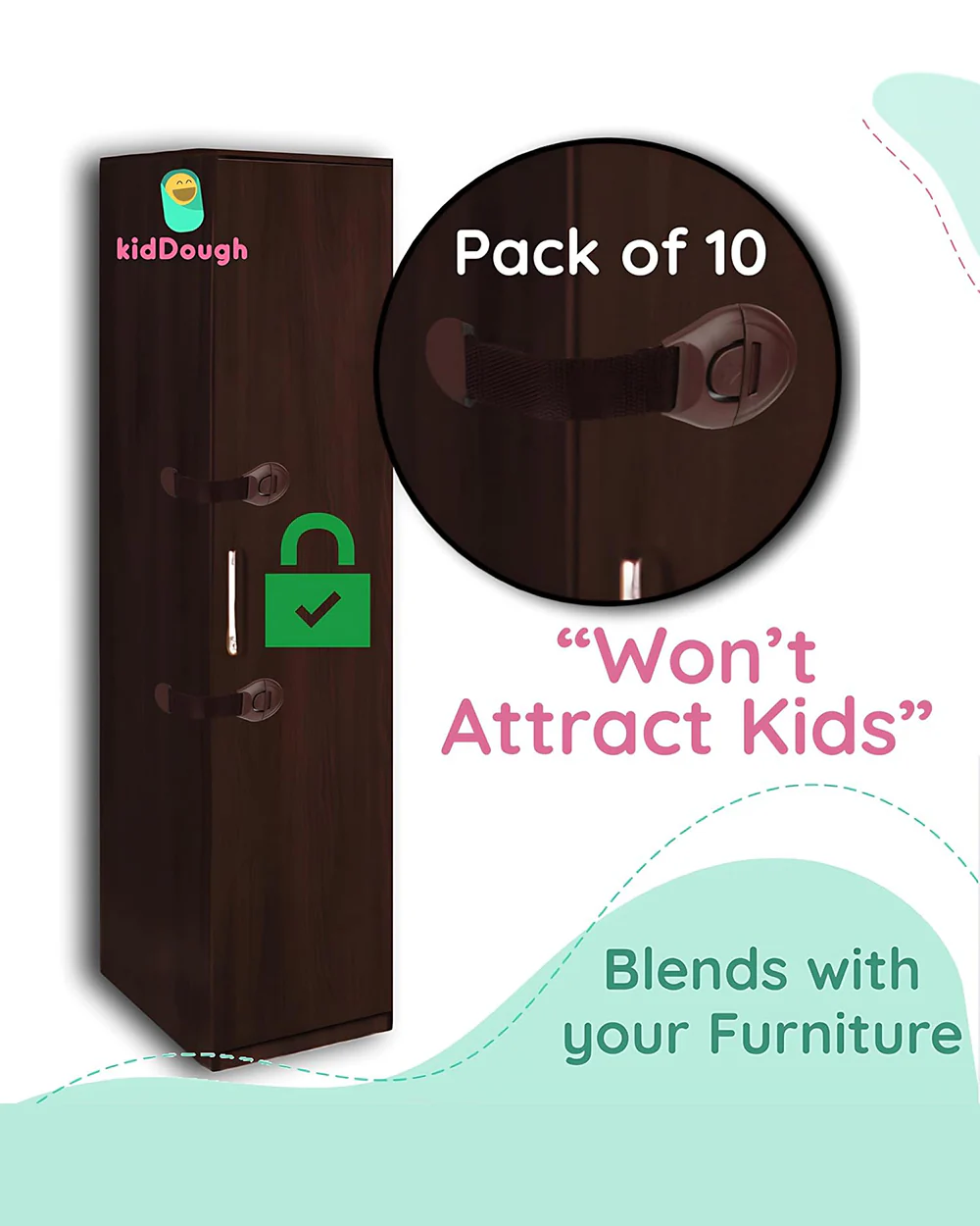 KidDough Safety Lock-Furniture Latch-Protects Child from Unexpected Opening of Cabinets & Other Drawers-Brown - Image 3