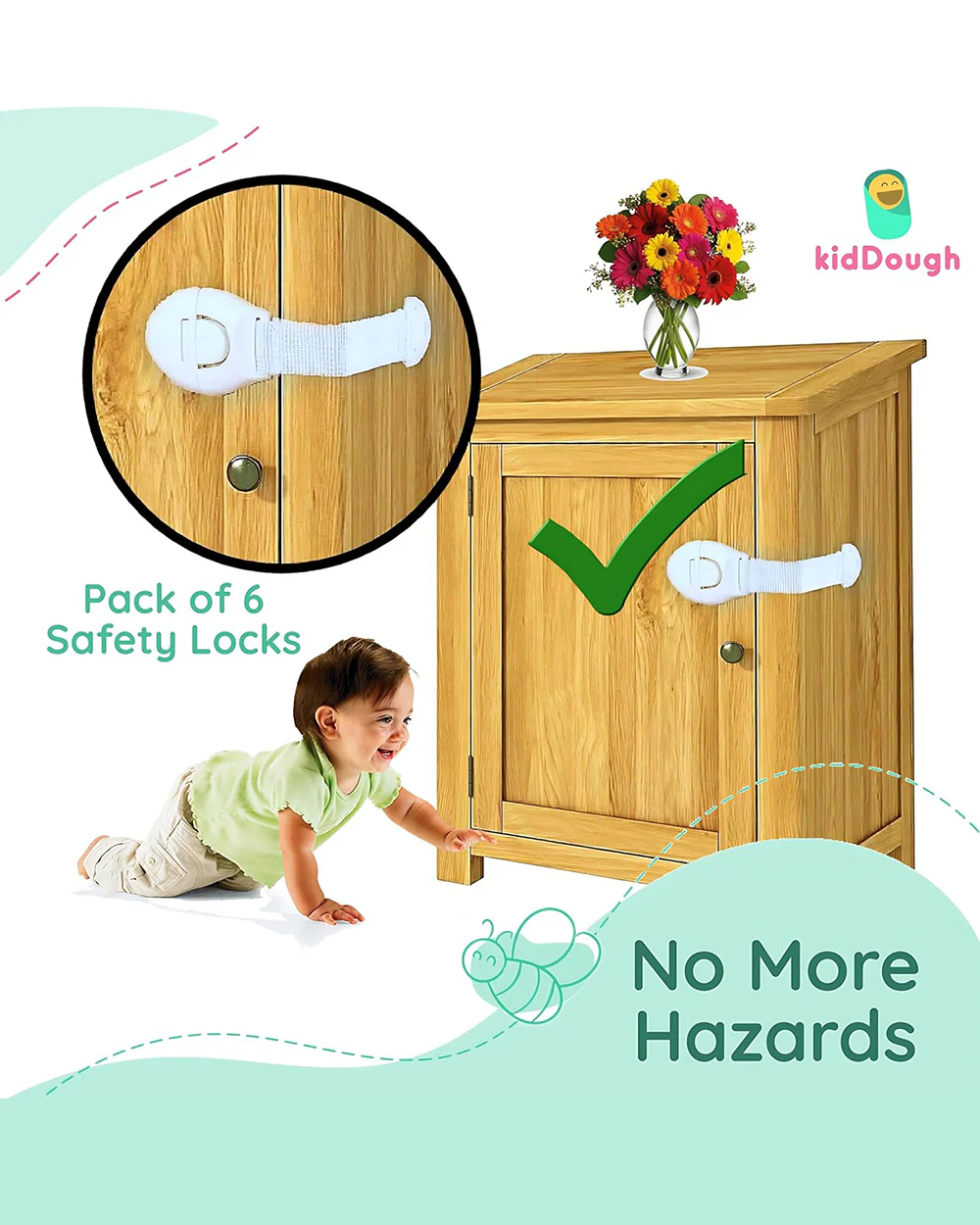 KidDough Safety Lock-Furniture Latch-Protects Child from Unexpected Opening of Cabinets & Other Drawers-White - Image 3