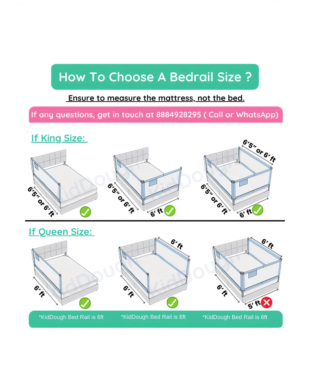 KidDough Three Sides Bed Rail Guard-With Button For Easy Entry & Exit-Tool-Free Installation-Durable Construction-With 28 Level Height Adjustment-6ft Height-Grey-For Babies - Image 3