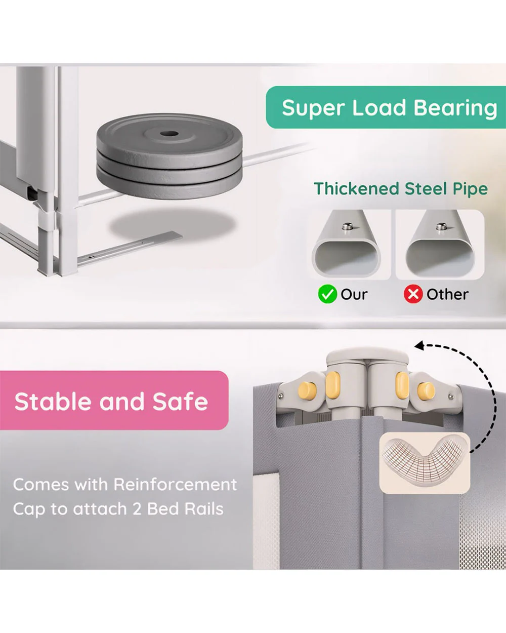 KidDough Three Sides Bed Rail Guard-With Button For Easy Entry & Exit-Tool-Free Installation-Durable Construction-With 28 Level Height Adjustment-6ft Height-Grey-For Babies - Image 7