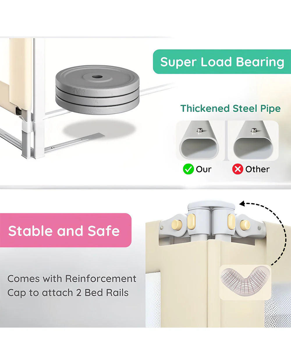 KidDough Two Sides Bed Rail Guard-With Button For Easy Entry & Exit-Tool-Free Installation-Durable Construction-With 28 Level Height Adjustment-6ft Height-Off White-For Babies - Image 6