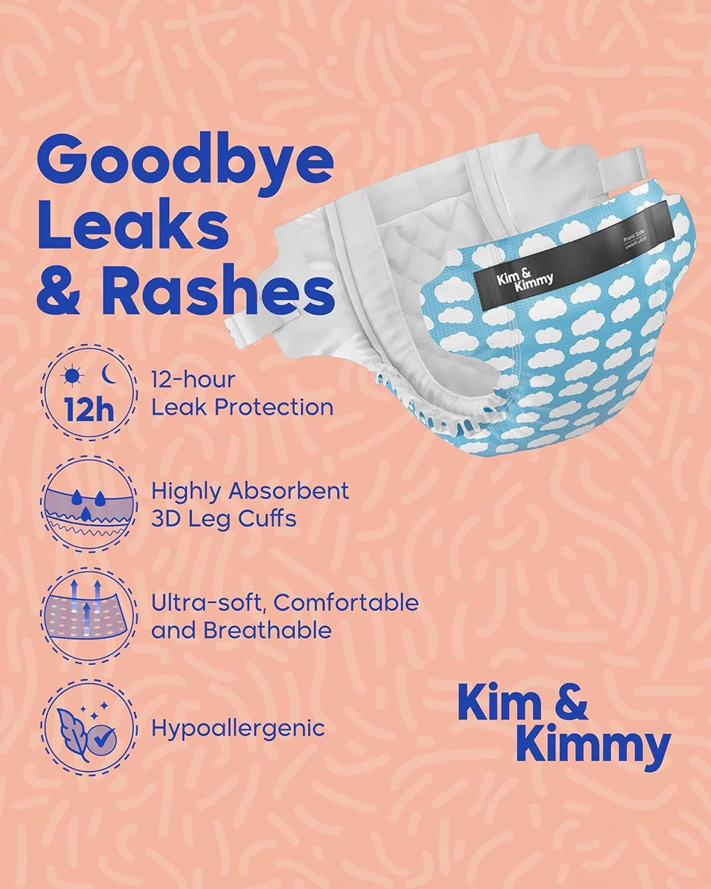 Kim & Kimmy Little Clouds Taped Diapers-NB (Upto 5Kg)-With Wetness Indicator - Image 2