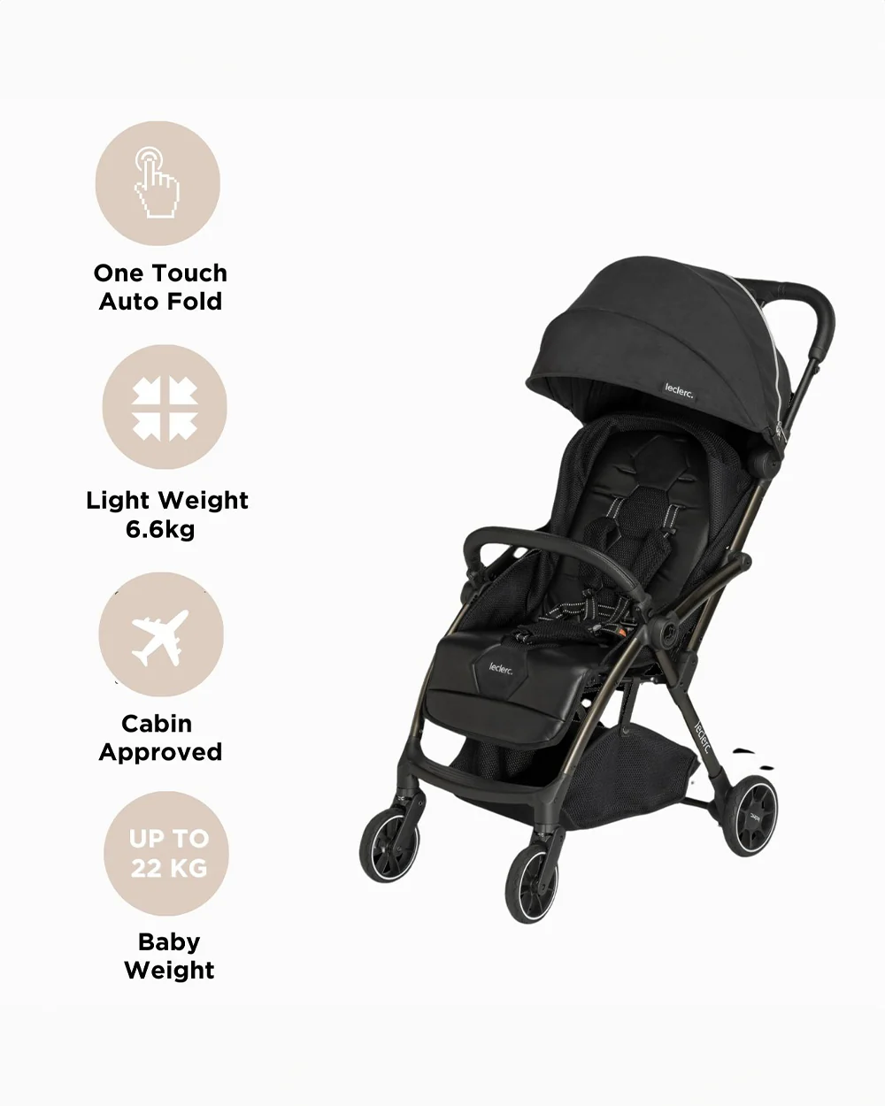Leclerc Hexagon Cabin Friendly Stroller-One Touch Fold-2 Years Warranty-For 6M to 5Y (Upto 22Kg)-Black - Image 8