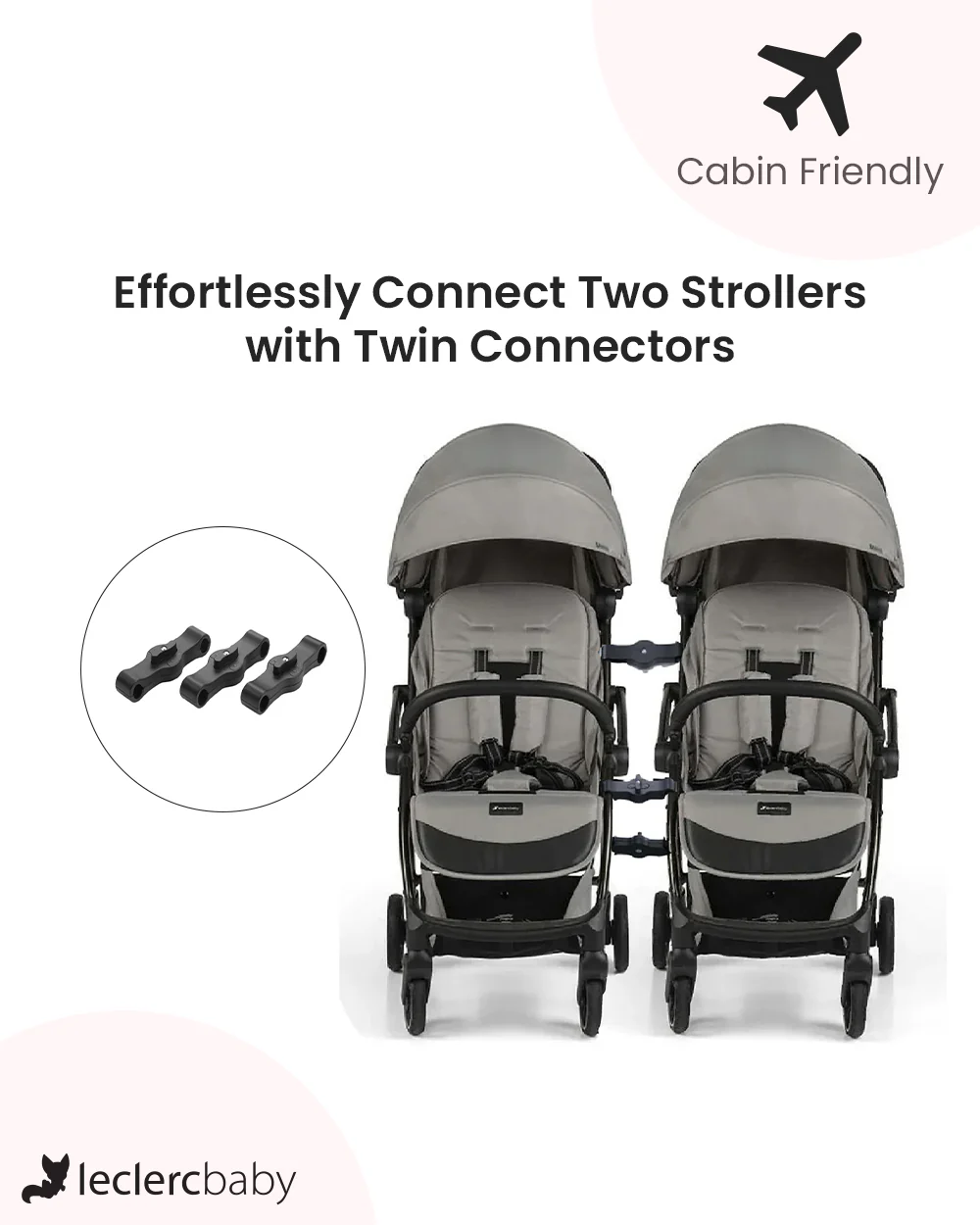 Leclerc Influencer Air Twin Stroller-Cabin Friendly-Flat Reclining Seat-One Touch Fold-Includes Twin Stroller Connectors-2 Years Warranty-For 6M to 5Y (Upto 22 Kg Each Stroller)-Violet Grey - Image 3