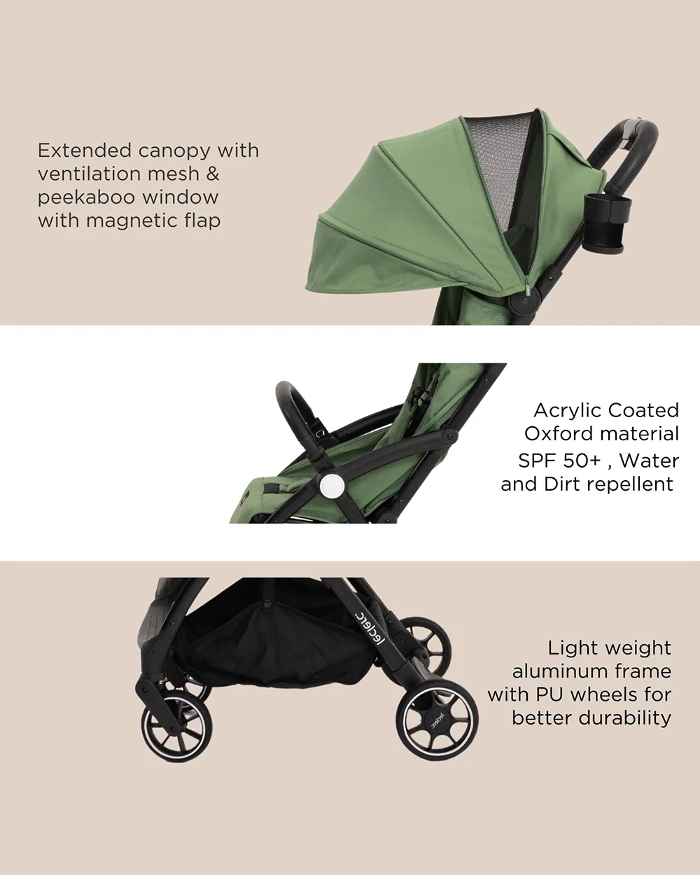 Leclerc Magic Fold Plus Cabin Friendly Stroller-Flat Reclining Seat-One Touch Fold-2 Year Warranty-for 6M to 5Y (Upto 22Kg)-Green - Image 10